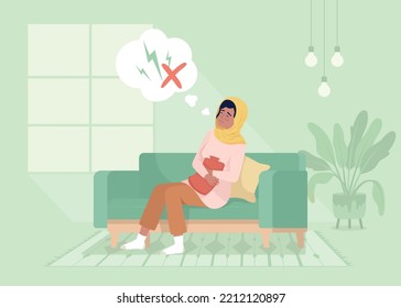 Woman with heating pad relieving menstrual pain flat color vector illustration. Coping with period cramps. Fully editable 2D simple cartoon character with home interior on background