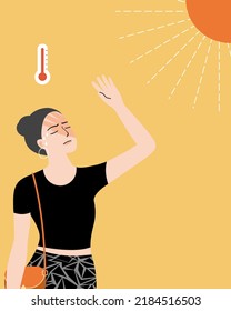 woman with heatstroke. Having sunstroke at summer hot weather. Dangerous sun, girl holds hand on head. flat vector illustration.