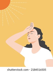 Woman With Heatstroke. Having Sunstroke At Summer Hot Weather. Dangerous Sun, Girl Holds Hand On Head. Flat Vector Illustration.