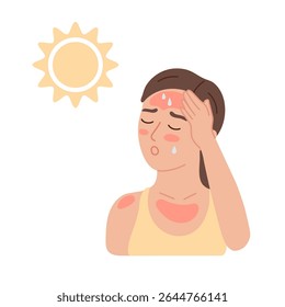 Woman with heatstroke from sun and heat. Burn and red skin. Dehydration and thirsty girl in hot weather. Flat vector illustration