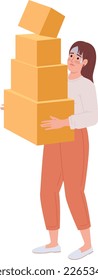 Woman with heavy carton boxes pile in hands semi flat color vector character. Editable figure. Full body person on white. Simple cartoon style spot illustration for web graphic design and animation