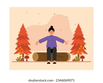 Woman in heavy clothing sitting on a felled tree with her arms spread, enjoying a beautiful autumn scene with firs, herbs and mushrooms. Character design. Vector flat illustration