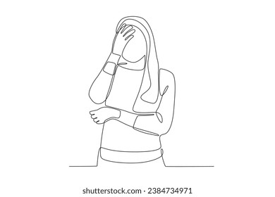 A woman held her head in depression. Blue Monday one-line drawing