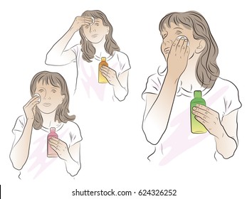 The woman held the tampon to her face. In the other hand holds a bottle of lotion or cream. Illustration on the theme of skin care. Set of hand-drawn drawings