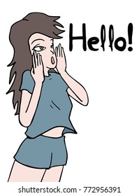 Woman and hello message