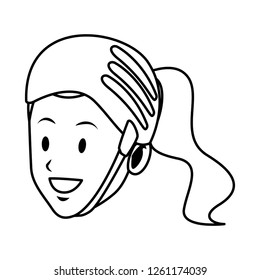 woman with helmet only face black and white
