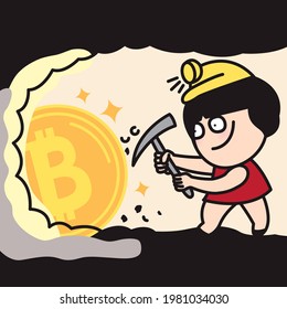 Woman In Helmet With Pickaxe Digging Bitcoin Coins At Bitcoin Mine. Crypto Currency Mining Concept Card Character illustration