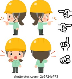 A woman in a helmet pointing and checking
