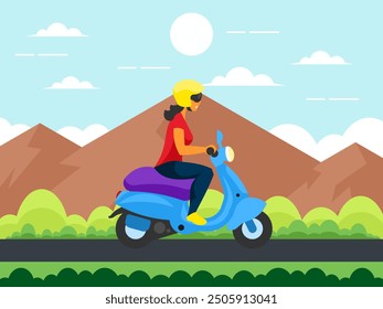 A woman in a helmet rides a scooter. Country road against the backdrop of a mountain landscape. Nature in summer. Vector graphics