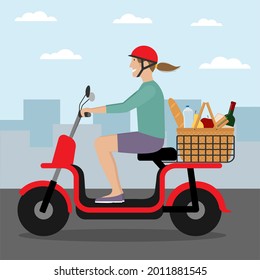 Woman in helmet riding electric bike scooter.  Girl riding scooter with picnic basket. City background. Urban eco friendly transport. Flat vector illustration 
