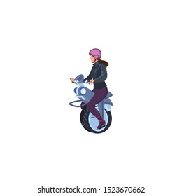 Woman with a helmet riding on an electric monobike. Vector illustration in a flat cartoon style.