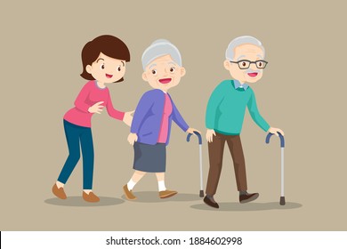 Woman help Elderly couple walking by cane. grandmother with walk and grandfather by cane be happy.old senior man and woman walking together