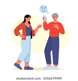 Una mujer ayuda al viejo. Las personas mayores sufren de demencia o alzheimer. Enfermedades y enfermedades. Voluntario y activista con la tercera edad. Ilustración vectorial plana de dibujos animados aislada sobre fondo blanco