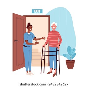 Woman help pensioner. Nurse open door for elderly man with walkers. Grandfather in hospital. Health care and treatment. Activist and volunteer with senior. Cartoon flat vector illustration