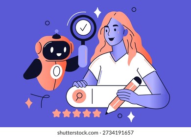 Woman with help of robot assistant explore the internet, search, analyze queries, improve website visibility vector illustration.