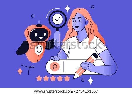 Woman with help of robot assistant explore the internet, search, analyze queries, improve website visibility vector illustration.