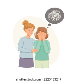 Woman Help to Young Girl in Depression Feeling Sad Suffering from Mental Disorder Vector Illustration