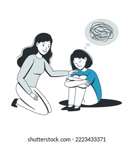 Woman Help to Young Girl in Depression Feeling Sad Suffering from Mental Disorder Vector Illustration