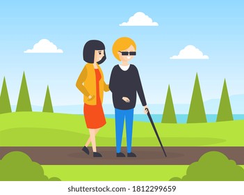 Woman Helping to Blind Woman to Walk, Disabled Person and Volunteer or Friend Helping Her Cartoon Vector Illustration