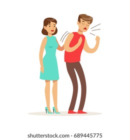 Woman helping a choking man, first aid vector Illustration