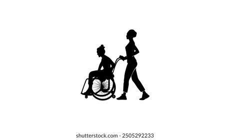 woman helping disabled person in wheelchair, black isolated silhouette