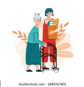 Woman Helping To Elderly Lady With Shopping. Cartoon Characters Of Volunteer And Old Woman At Decorative Backdrop, Flat Vector Illustration Isolated On White Background.