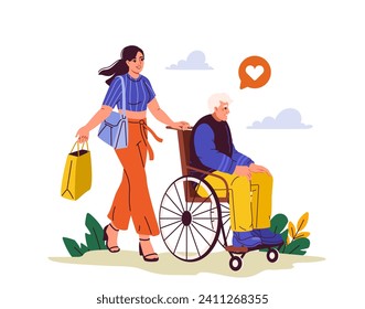 Woman helping elderly man. Young girl with senior at wheelchair. Activist and volunteer give help to grandfather. Support and care about old people. Cartoon flat vector illustration