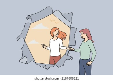 Woman helping friend get rid of depression or anxiety. Caregiver stretch helping hand to female struggling with mental problems. New life and stress relief. Vector illustration. 