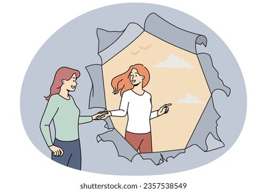 Woman helping friend get rid of depression or anxiety. Caregiver stretch helping hand to female struggling with mental problems. New life and stress relief. Vector illustration.