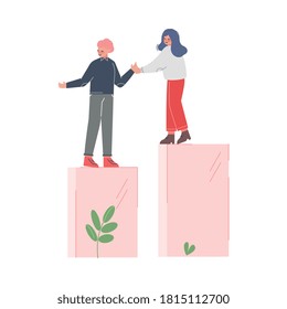 Woman Helping Man to Climb up on Column of Columns, Moving up Motivation, Teamleader Business Concept Cartoon Vector Illustration