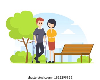 Woman Helping to Man on Crutches Walking in Park Outdoors, Handicapped Person and Volunteer or Friend Helping Him Cartoon Vector Illustration