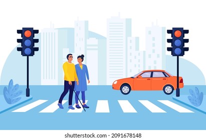 Woman helping man with vision impairment or vision loss crossing city street. People with disability walking on road crosswalk. Urban lifestyle. Pedestrians moving by road with traffic lights.