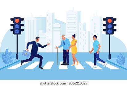Woman helping old man crossing city street. People walking on road crosswalk and hurry at work. Urban lifestyle and traffic concept. Pedestrians moving by road with traffic lights and crosswalk