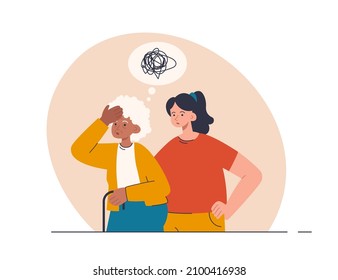 Woman helping senior person with bewildered thoughts in the speech bubble. Dementia, memory loss, disorientation, alzheimer disease. Mental illness concept. Modern flat vector illustration 