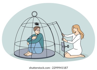 Woman helping unhappy depressed man locked in cage suffer from abuse and oppression. Helpless guy under control and dependence saved by female. Psychological abuse. Vector illustration.