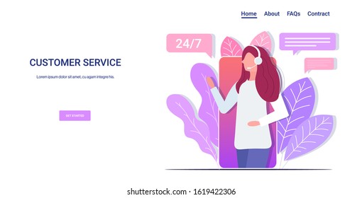 woman helpline operator with headset technical client support customer service concept female consultant answers question smartphone screen mobile app portrait horizontal copy space vector
