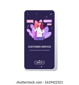 woman helpline operator with headset technical client support customer service concept female consultant answers question smartphone screen mobile app portrait copy space vector illustration
