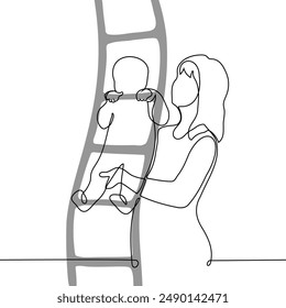 woman helps baby climb rope ladder, baby is too small for this - one line art vector. concept help to mother, role of parental figure. Handmade vector not AI