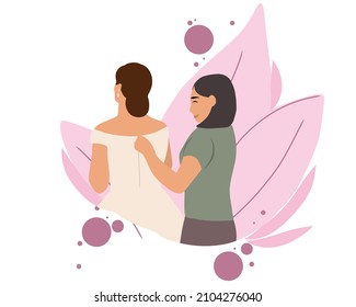 A woman helps the bride to try on a wedding dress in a bridal salon shop or dresses on her wedding day. Morning of the bride. Flat vector illustration