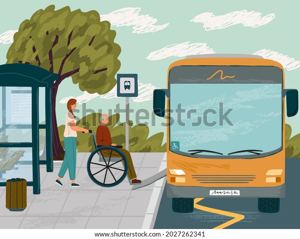 Woman helps disabled senior man in\
wheelchair to board bus concept vector illustration. Bus ramp for\
wheelchair. Accessibility of public city transport. Bus\
stop