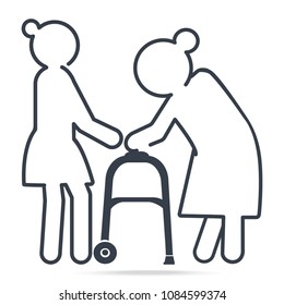 Woman helps elderly woman patient with a walker, simple line icon illustration