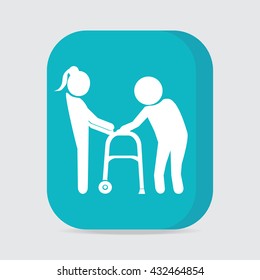 Woman helps elderly patient with a walker, button vector illustration