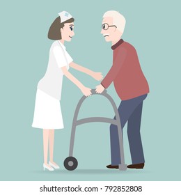 Woman helps elderly patient with a walker vector illustration