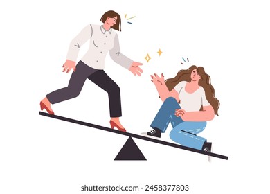 Woman helps friend get up after fall, showing empathy and sympathy for colleague in trouble. Teamwork of happy girls located on swings and demonstrating empathy when partner fails.