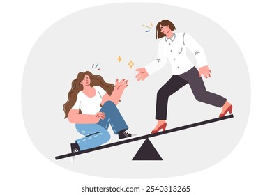 Woman helps friend get up after fall, showing empathy and sympathy for colleague in trouble. Teamwork of happy girls located on swings and demonstrating empathy when partner fails.