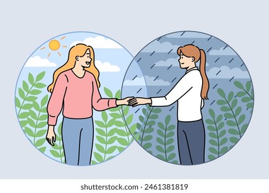 Woman helps friend get rid of depression by extending hand to girl standing in rain and inviting to sunny place. Helps and mutual assistance between people manifested through empathy and complacency