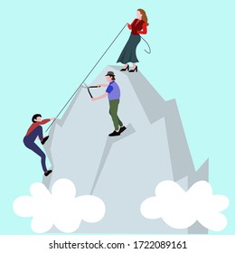 Woman helps her partner to reach the top of the mountain and another man tries to prevent that . Vector illustration 