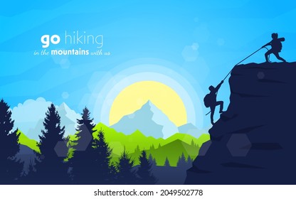 The woman helps the man climb the mountain. Travel concept of discovering, exploring, observing nature. Hiking tourism. Adventure. Vector polygonal landscape illustration. Minimalist flat design. 