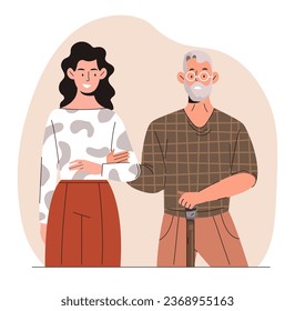 Woman helps old man concept. Girl near elderly person with stick. Care and assistance. Kindness and volnteering. Healthcare and medicine. Grandfather with daughter. Cartoon flat vector illustration