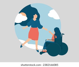 Woman helps a person with limited mobility to overcome mental health disorders. Friend or social worker supports a girl in the wheelchair to get rid of depression. Concept of new life, rehabilitation.